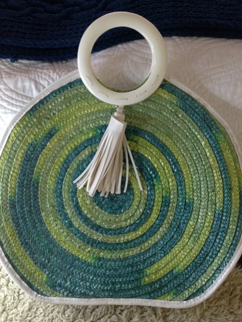 VTG 80's Green & Blue Swirled Woven Straw Round Bag Ring Handle Boho Chic Beachy